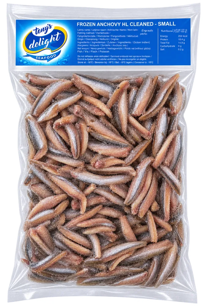 Frozen small cleaned sardines Frozen Anchovy HL Cleaned Small Tony’s Delight Seafood 770g